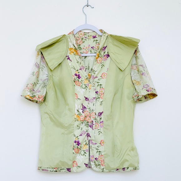 Adrianna Papell 100% Silk Jacket Short Sleeve Green Floral Buttons Front Lining - Picture 9 of 12